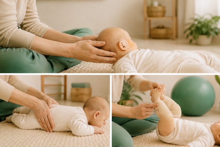 Sesión de fisioterapia pediátrica con un bebé